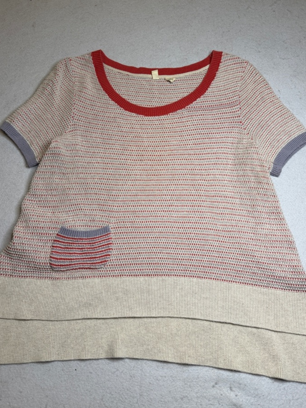 Moth By Anthropology Knit Short Sleeve Top Coral Trim Cream Blue Stretch Boho